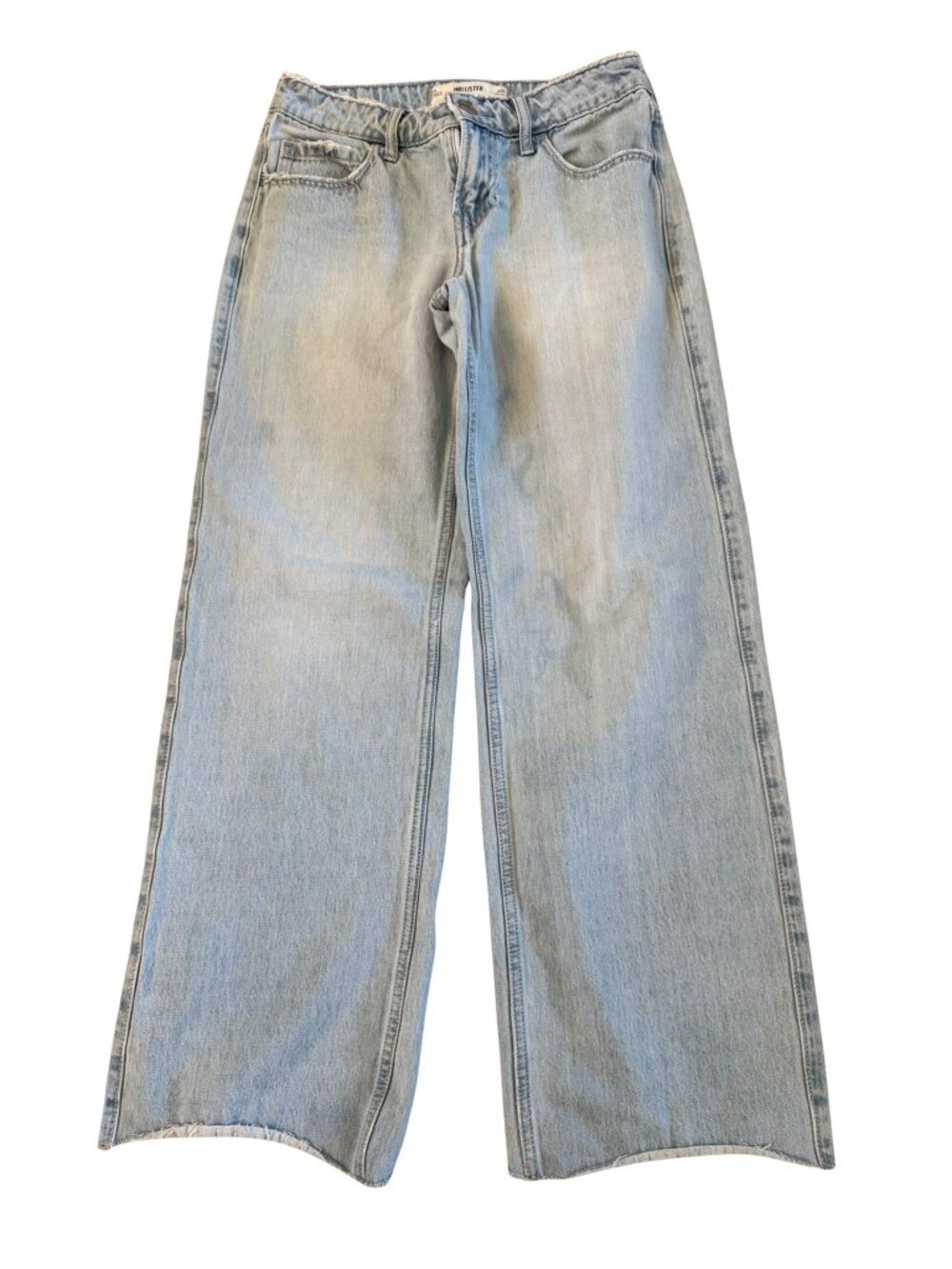 Hollister Low Rise Baggy Wide Leg Jeans W25 Light Wash Raw Waist Frayed Hem Y2K